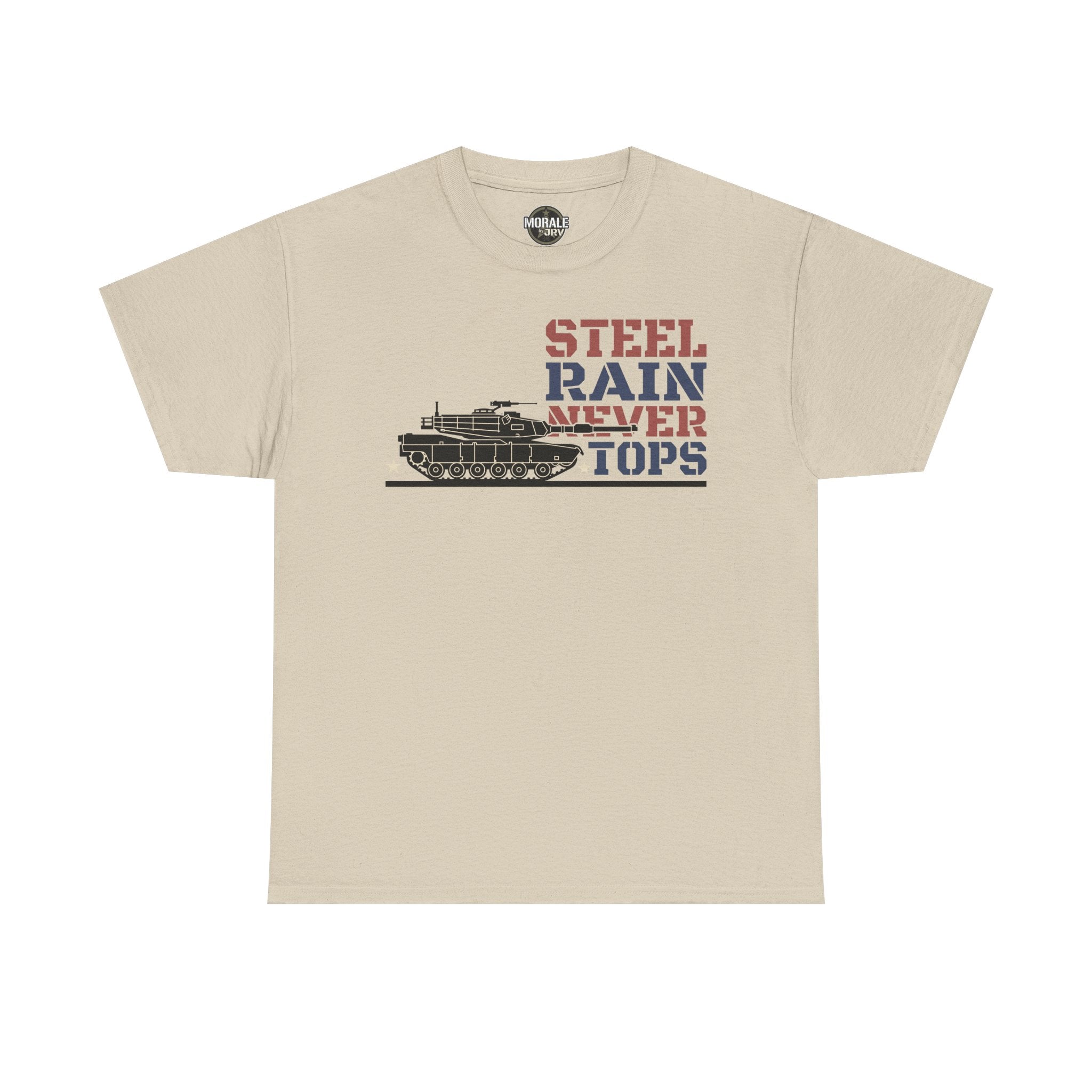 Sand crew-neck T-shirt with tank and “Steel Rain Never Tops” graphic on front