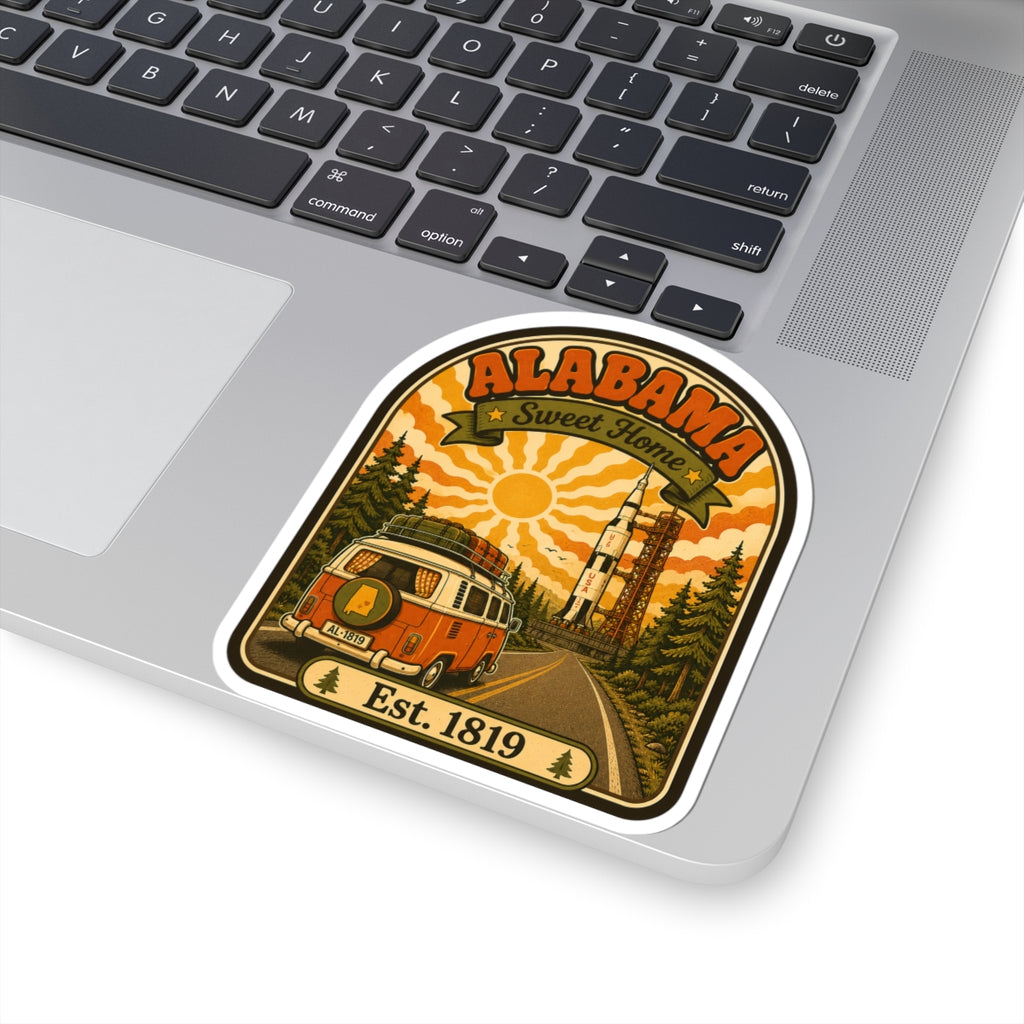Die-cut arched Alabama decal with orange camper van, Sweet Home ribbon, Est. 1819.