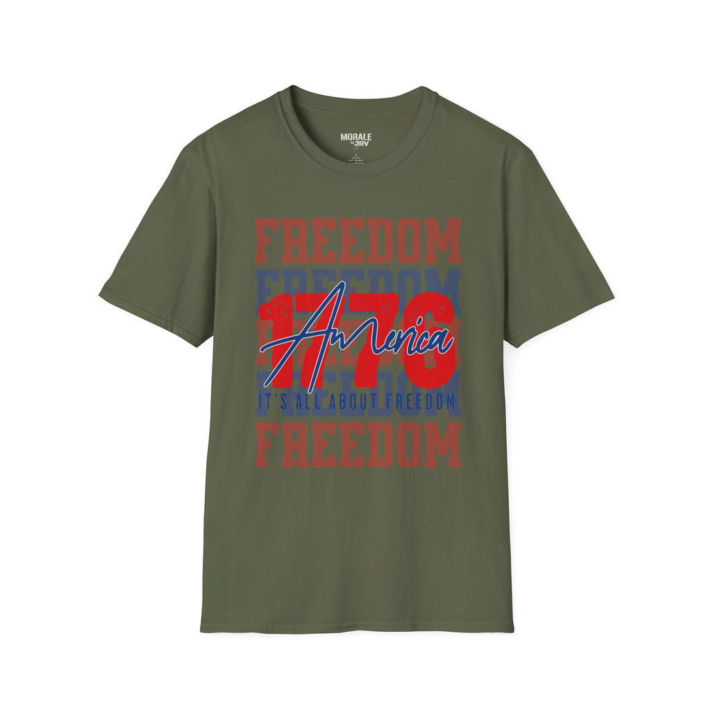 Military green Freedom USA graphic T-shirt with red/blue 'America' print
