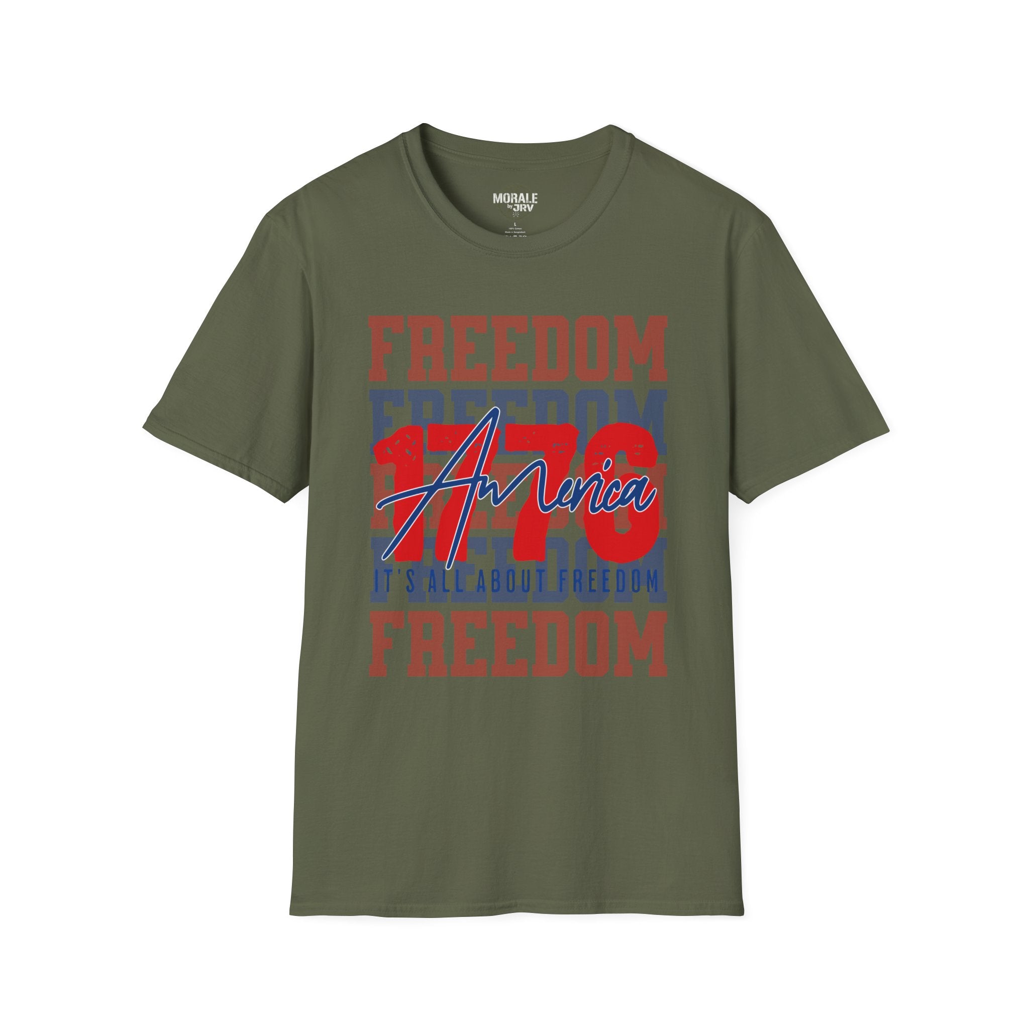 Military green Freedom USA graphic T-shirt with red/blue 'America' print