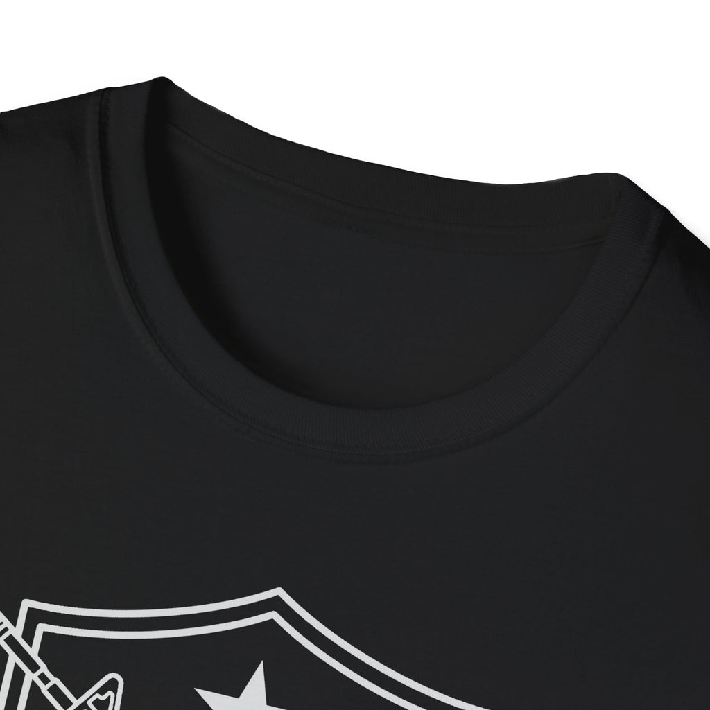 Black crewneck T-shirt neckline with partial shield and crossed rifles graphic
