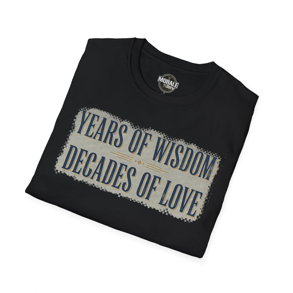 Black T-shirt with “YEARS OF WISDOM” and “DECADES OF LOVE” front graphic