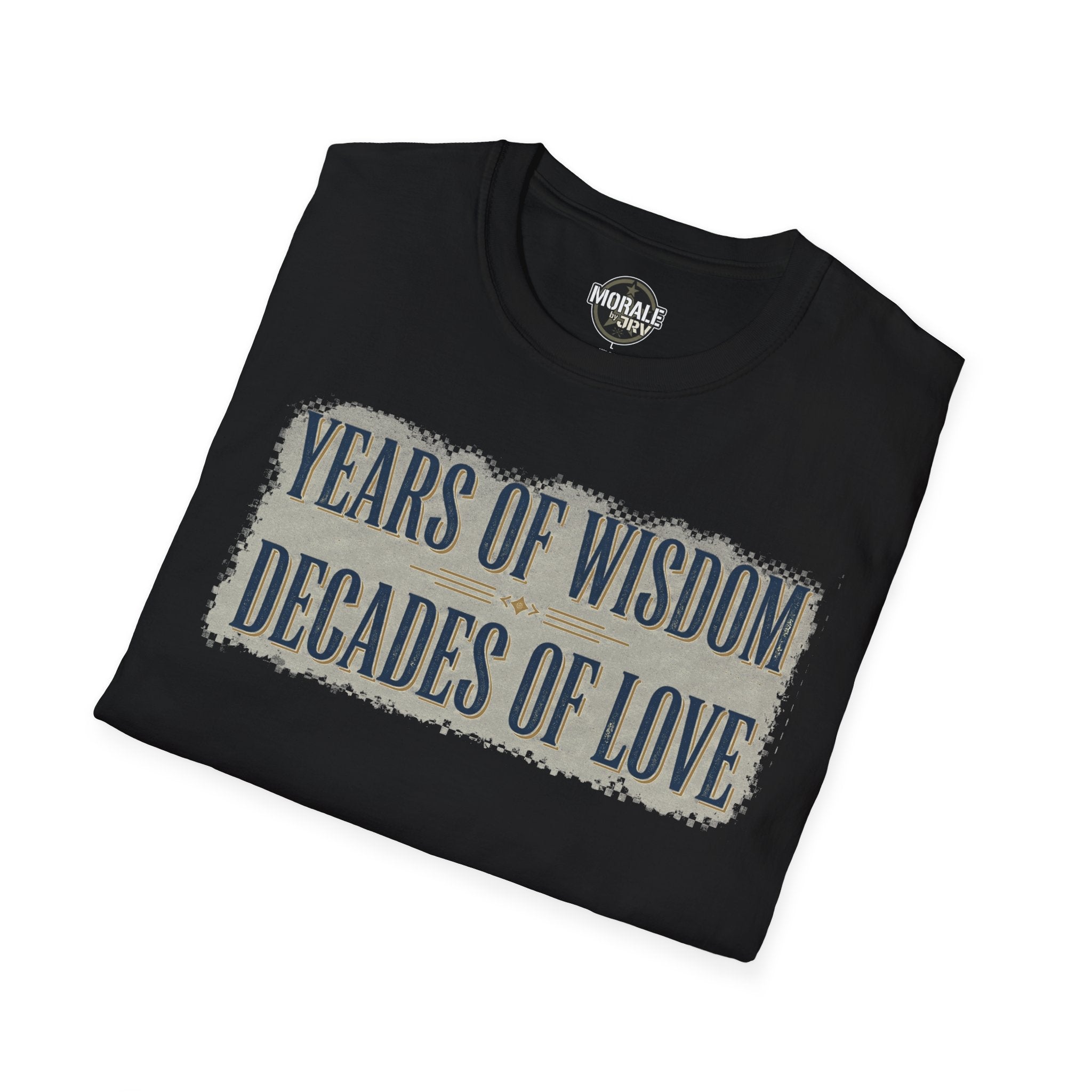 Black T-shirt with “Years of Wisdom, Decades of Love” graphic in blue and gold