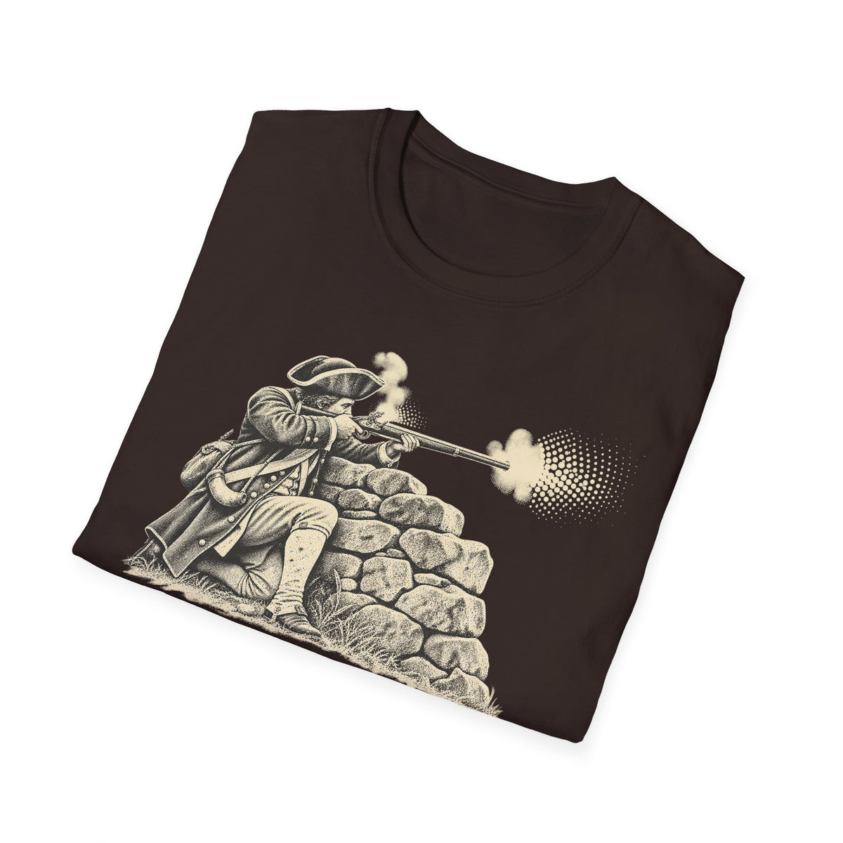 Dark brown crewneck t-shirt with musket soldier and stone wall graphic on front