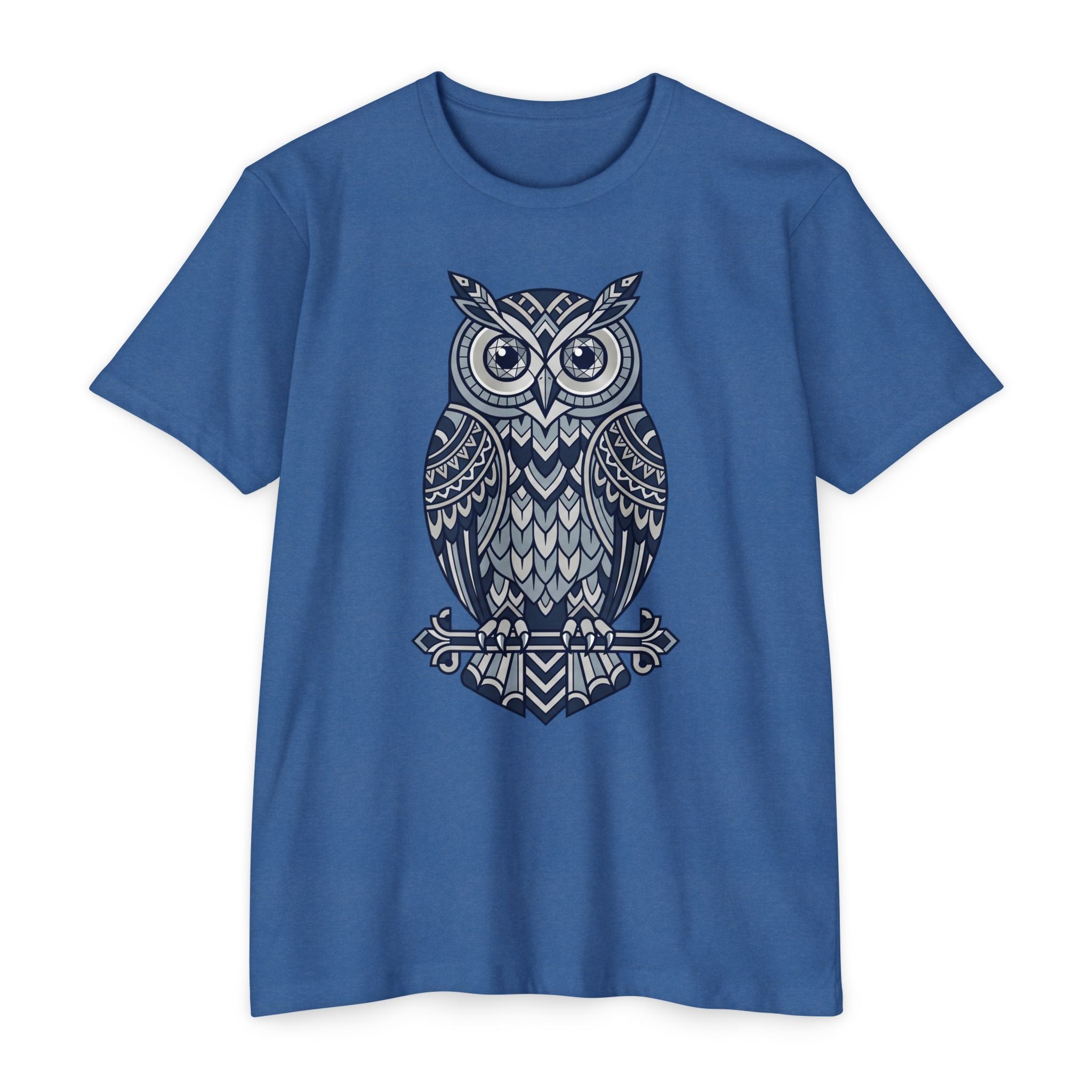 Owl graphic T-shirt, blue crewneck with navy owl illustration on the chest