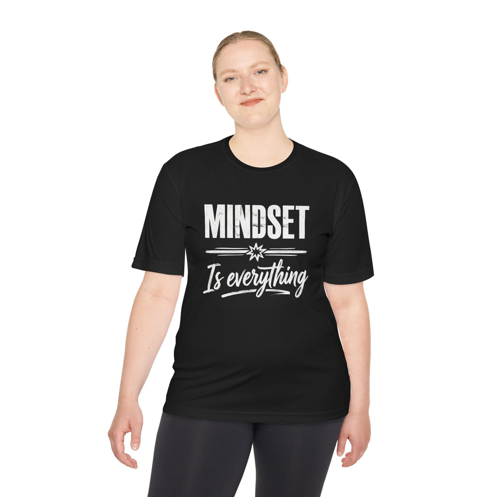 Black T-shirt with “MINDSET” and “Is everything” typography print on front