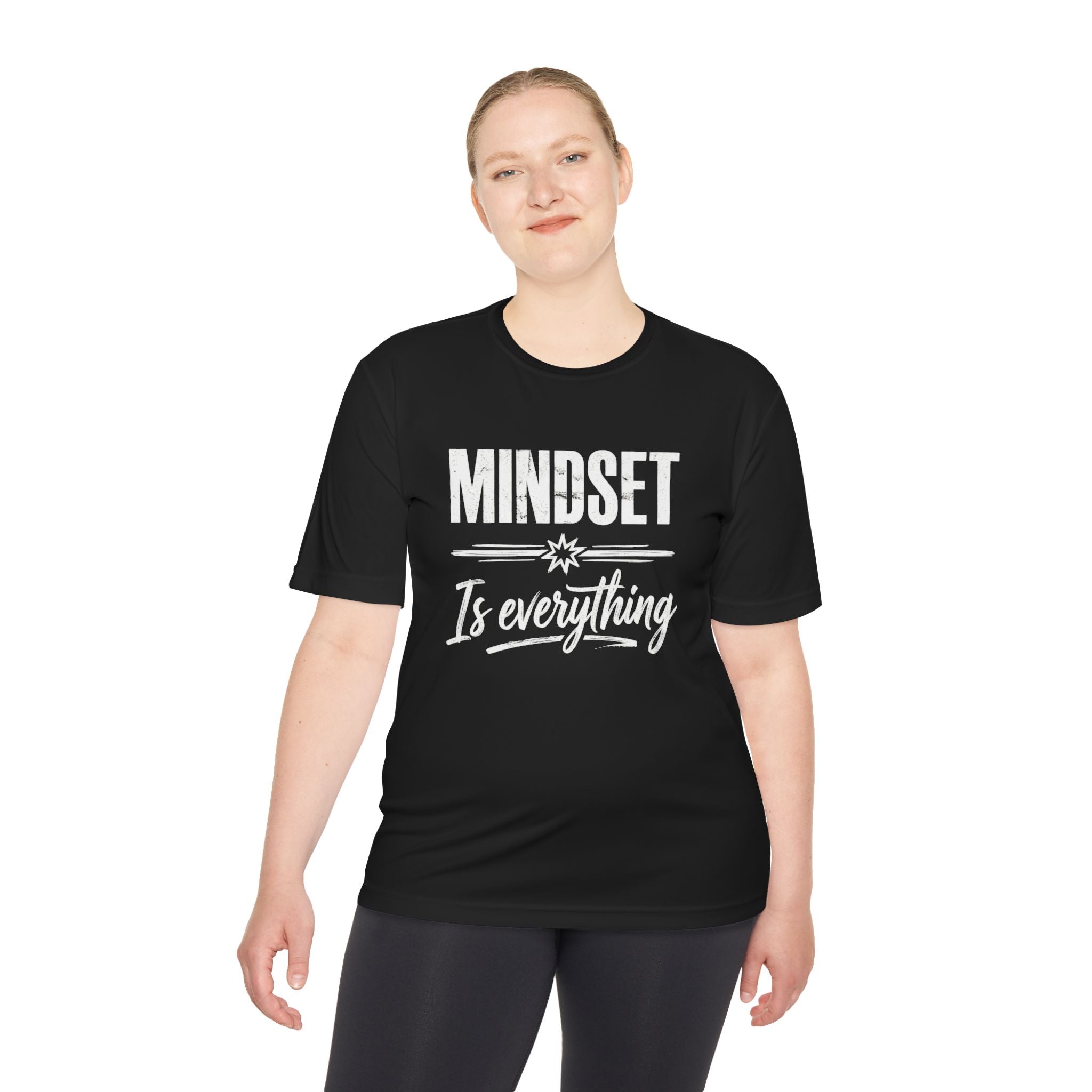 Black T-shirt with “MINDSET” and “Is everything” typography print on front