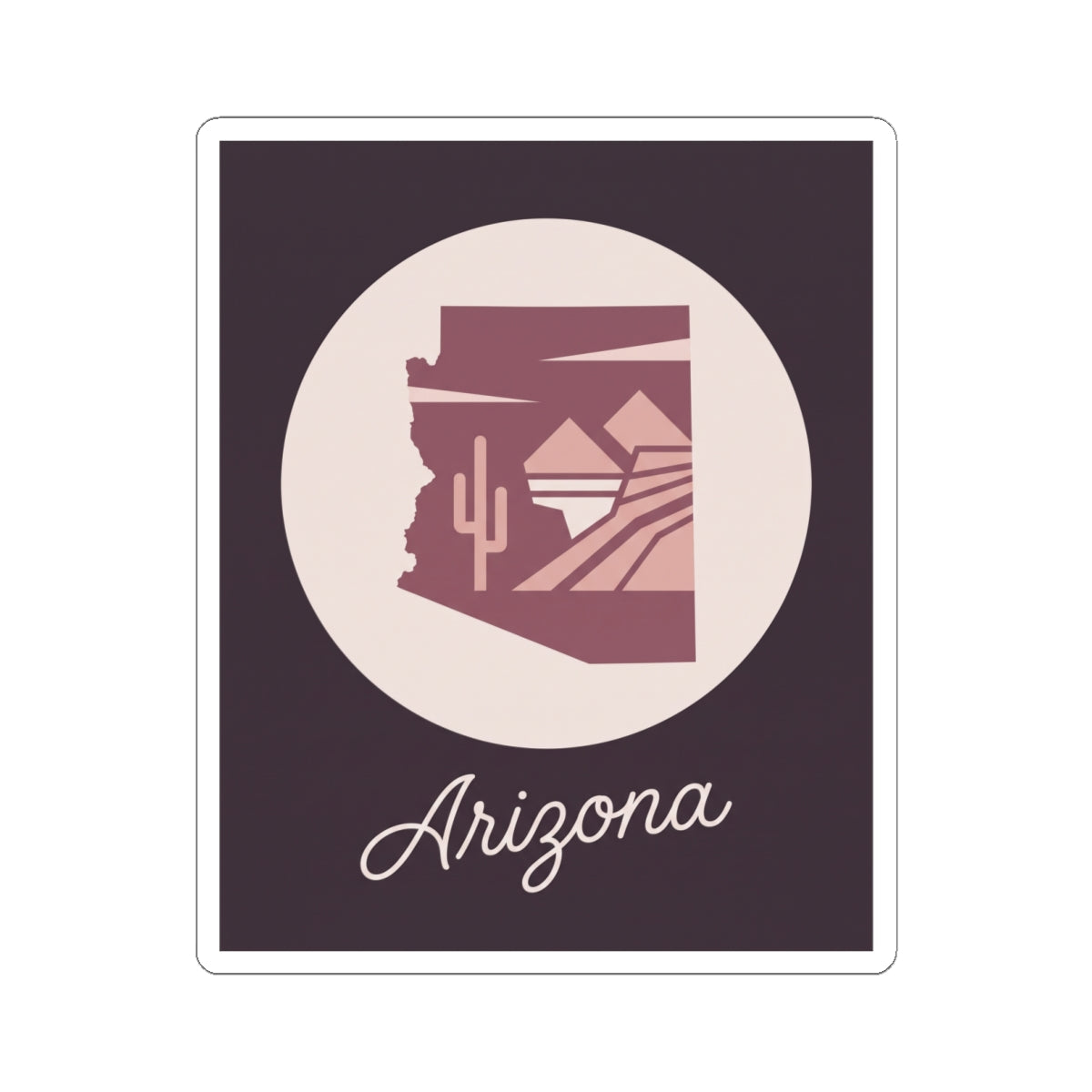 Mauve Arizona state silhouette kiss-cut vinyl sticker with cream circle and 'Arizona' script