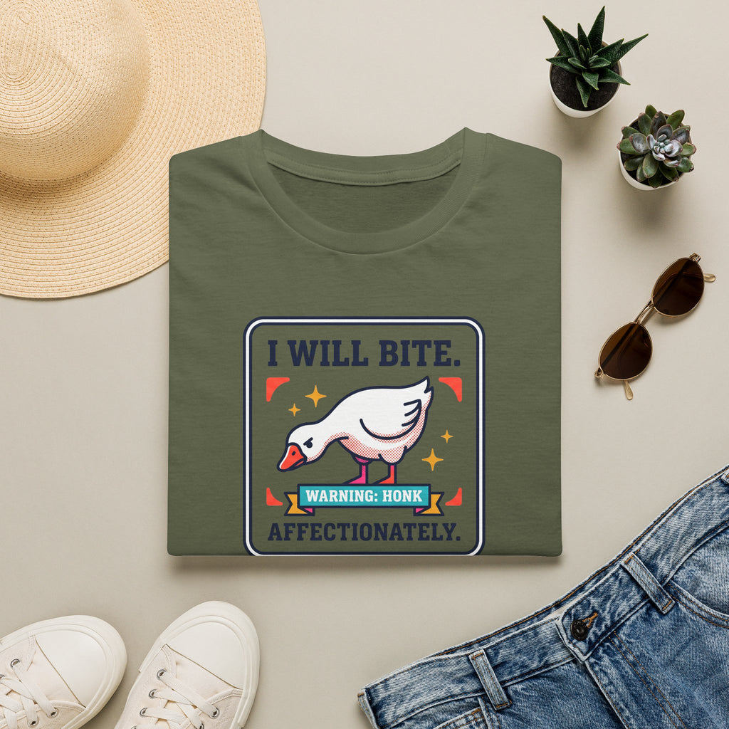 Military green T-shirt with front graphic: I WILL BITE warning goose