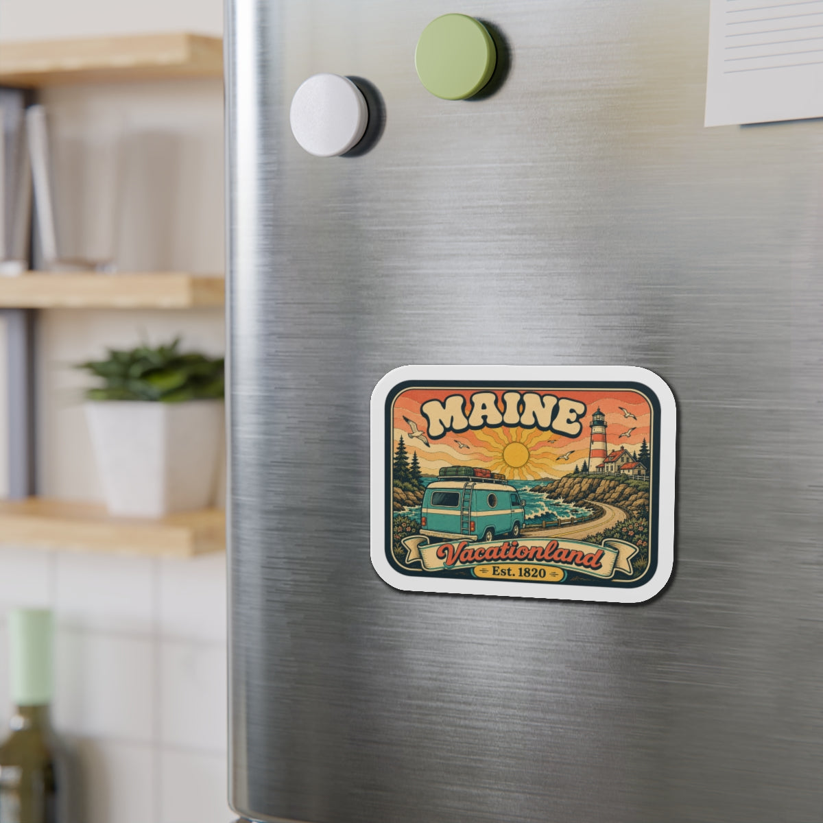 Maine Vacationland die-cut magnet with teal van, lighthouse, and Est. 1820 text