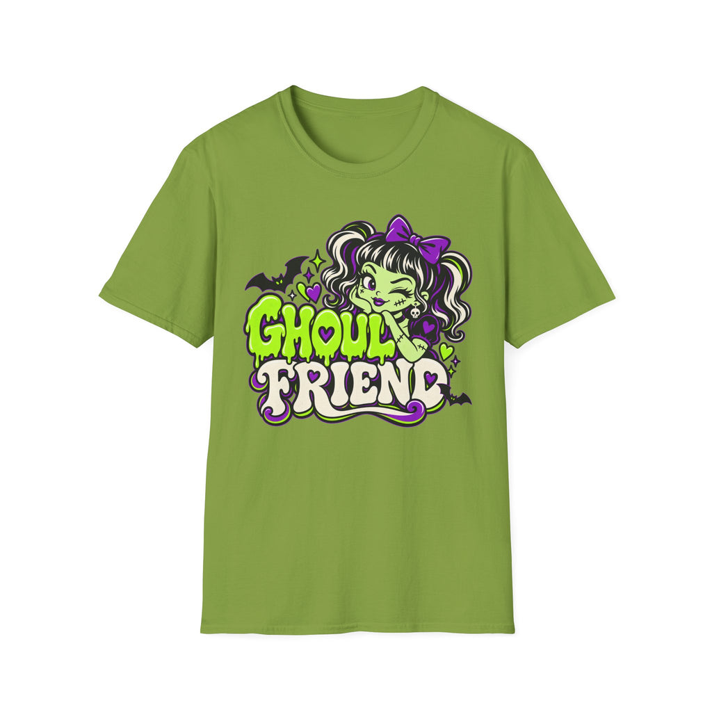 Olive green Halloween graphic t-shirt with cute monster girl “Ghoul Friend” logo