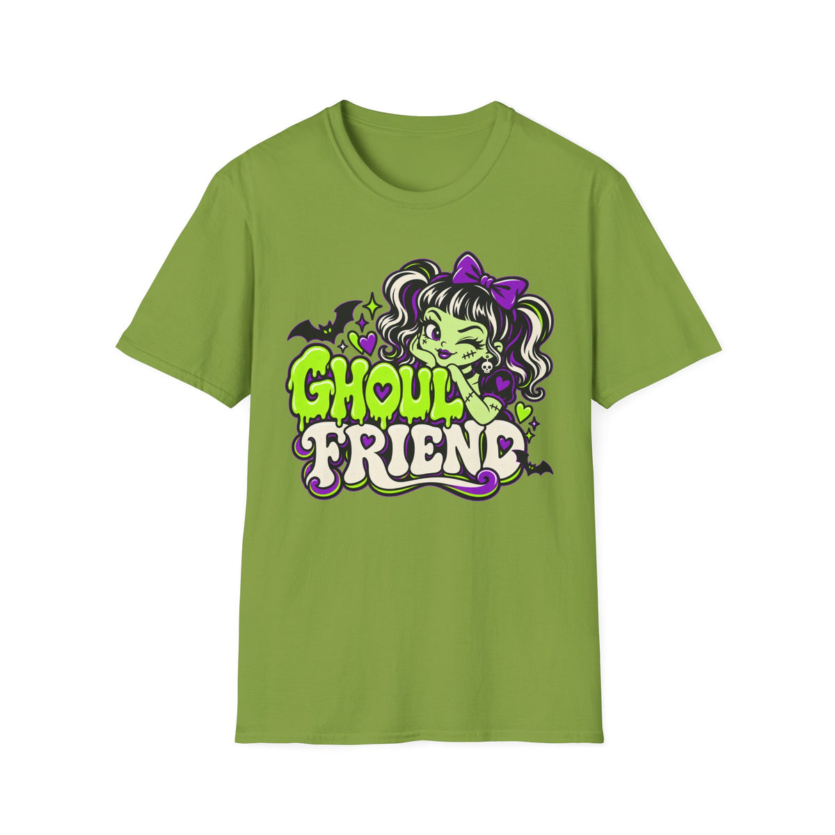 Olive green Halloween graphic t-shirt with cute monster girl “Ghoul Friend” logo