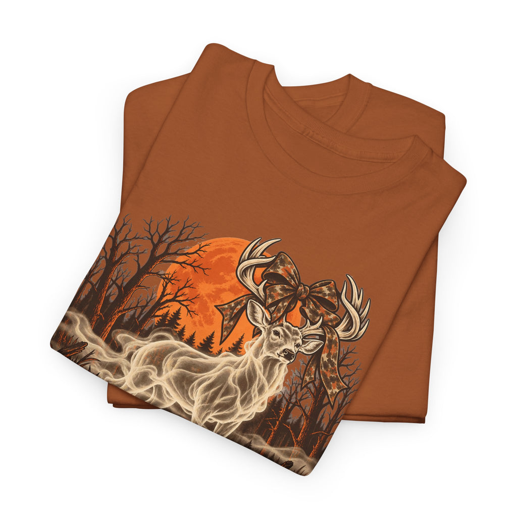 Halloween graphic t-shirt in brown with ghost buck and autumn forest scene, crewneck
