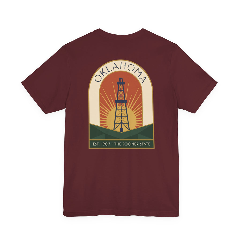 Oklahoma oil derrick art deco T-shirt in maroon with front square oil derrick graphic