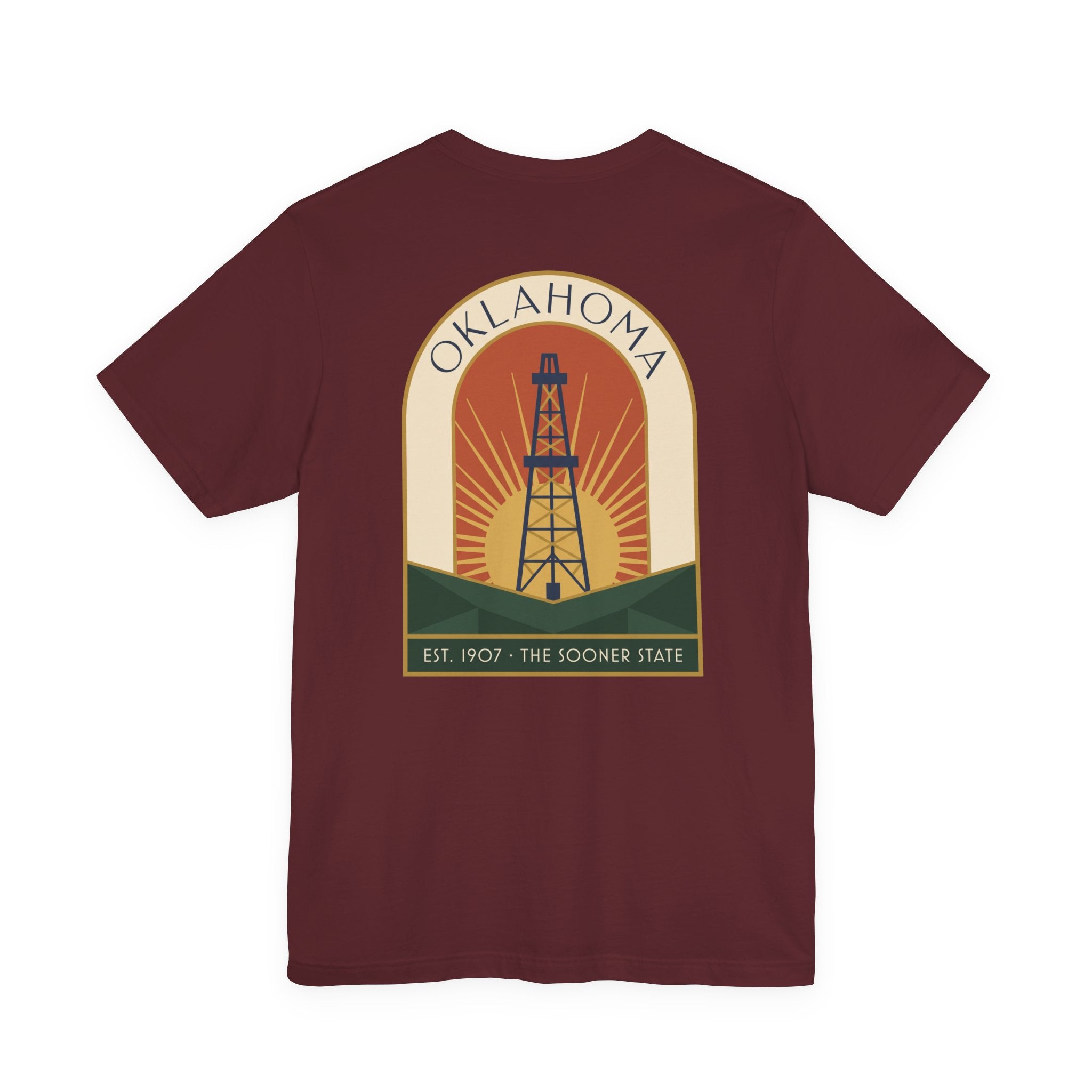 Oklahoma oil derrick art deco T-shirt in maroon with front square oil derrick graphic