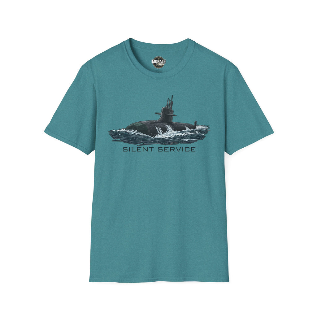 Silent Service T-shirt in teal, submarine graphic with “SILENT SERVICE” text