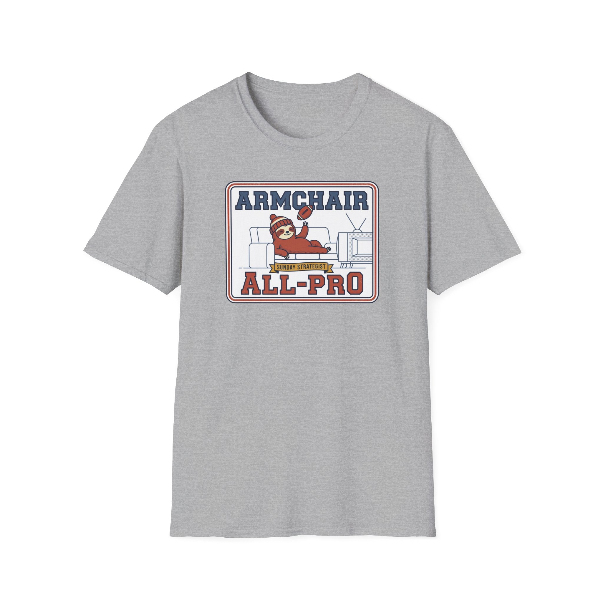 Heather gray crew-neck T-shirt with Armchair All-Pro graphic on chest