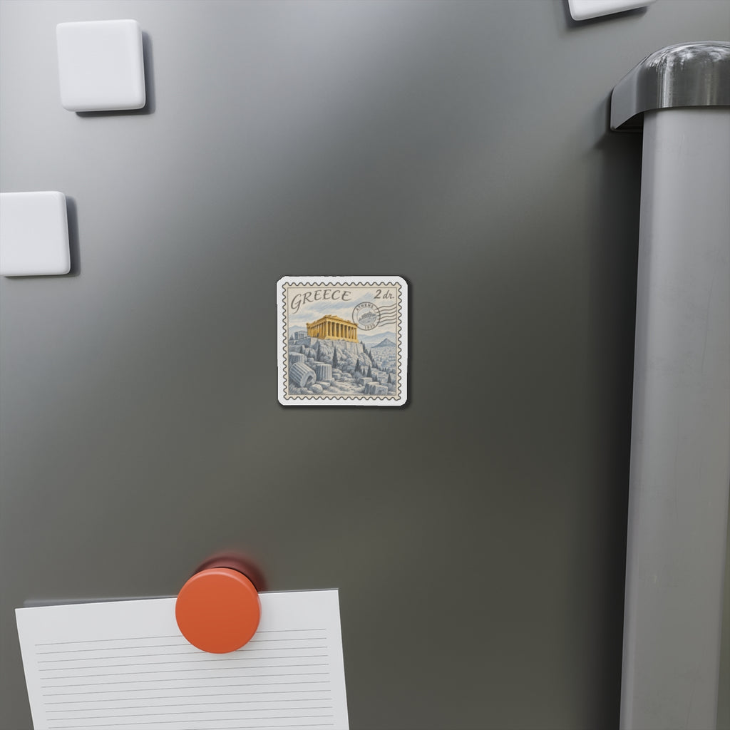Rounded die-cut Greece stamp magnet on stainless steel refrigerator