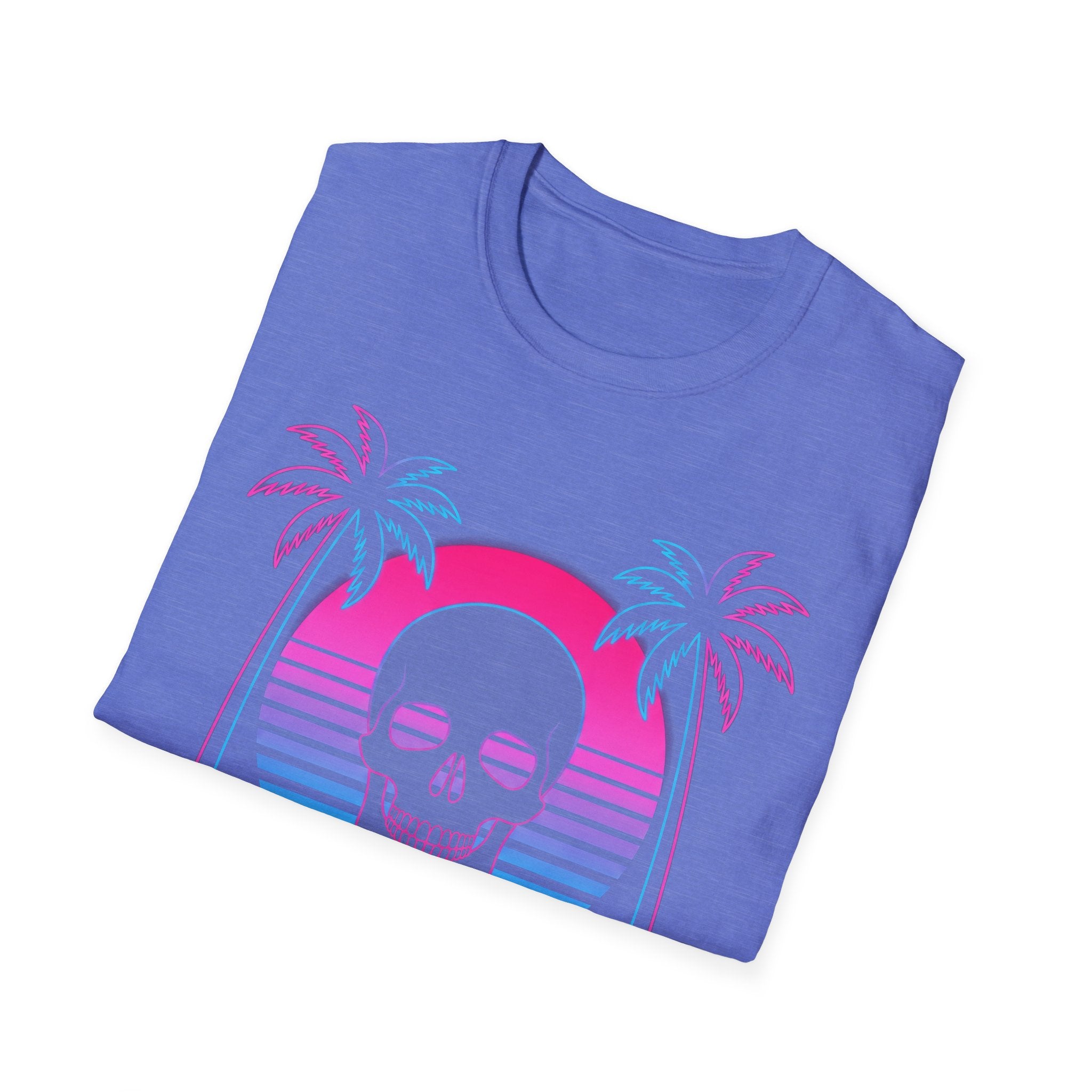 Camiseta Vaporwave Skull Sunset, azul heather con calavera y palmeras neon