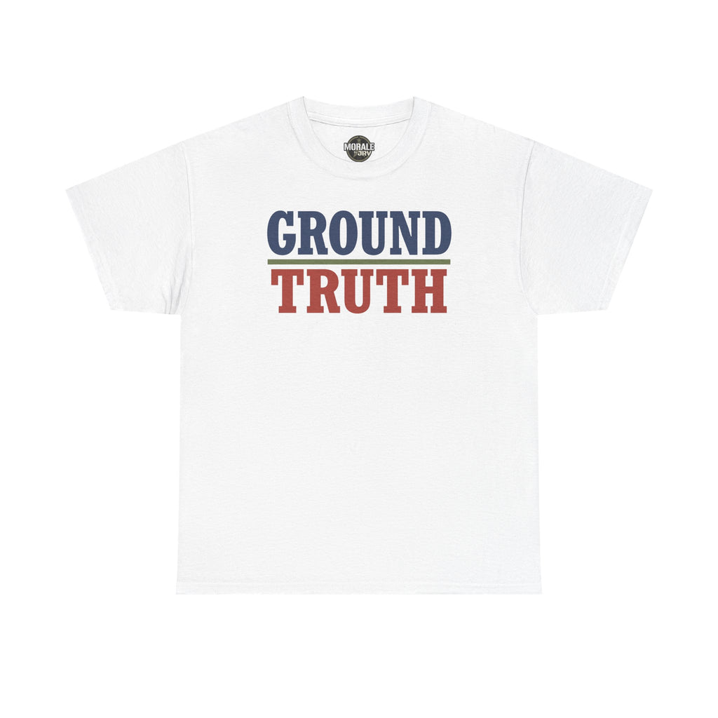 White crew-neck T-shirt with 'GROUND TRUTH' graphic print on chest