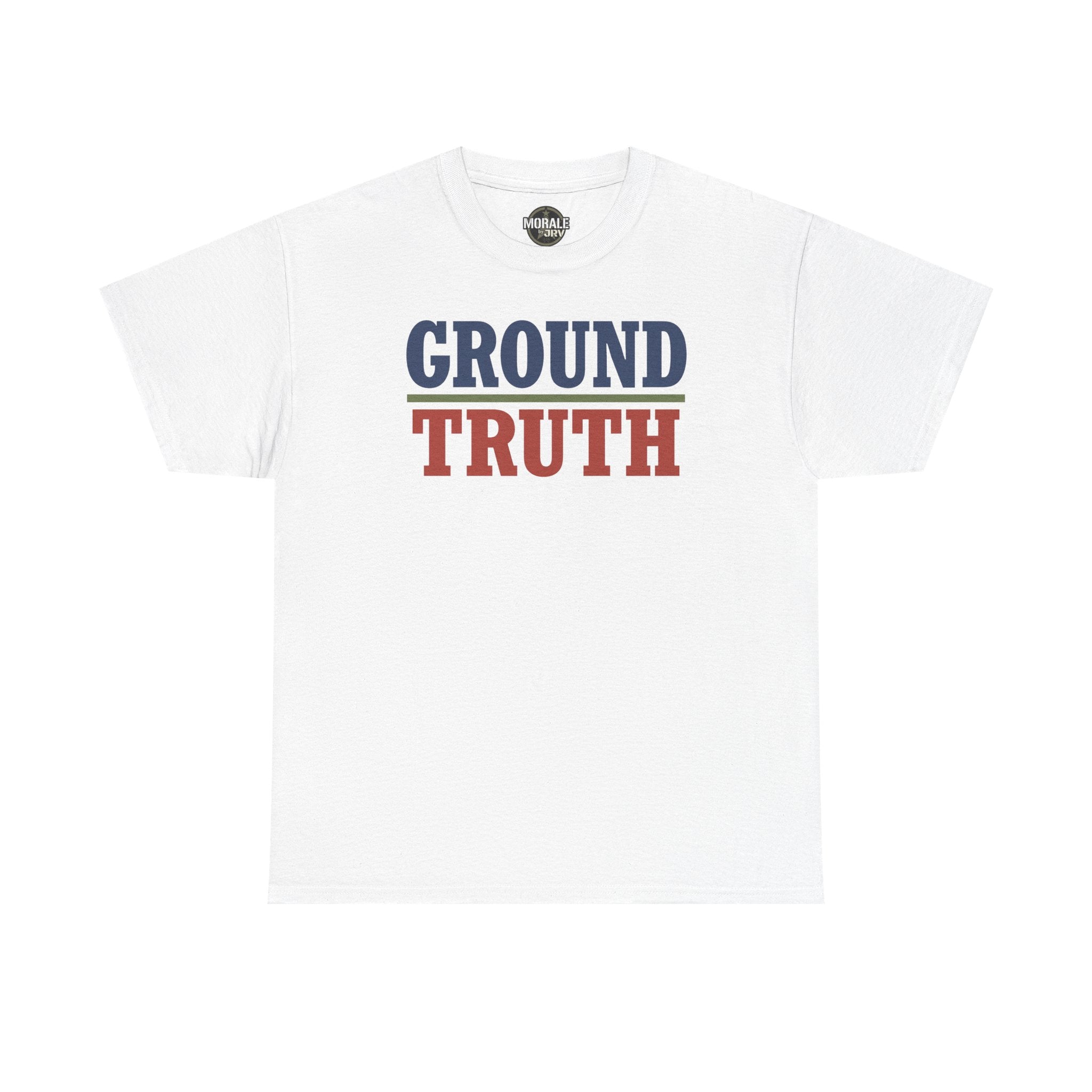White crew-neck T-shirt with 'GROUND TRUTH' graphic print on chest