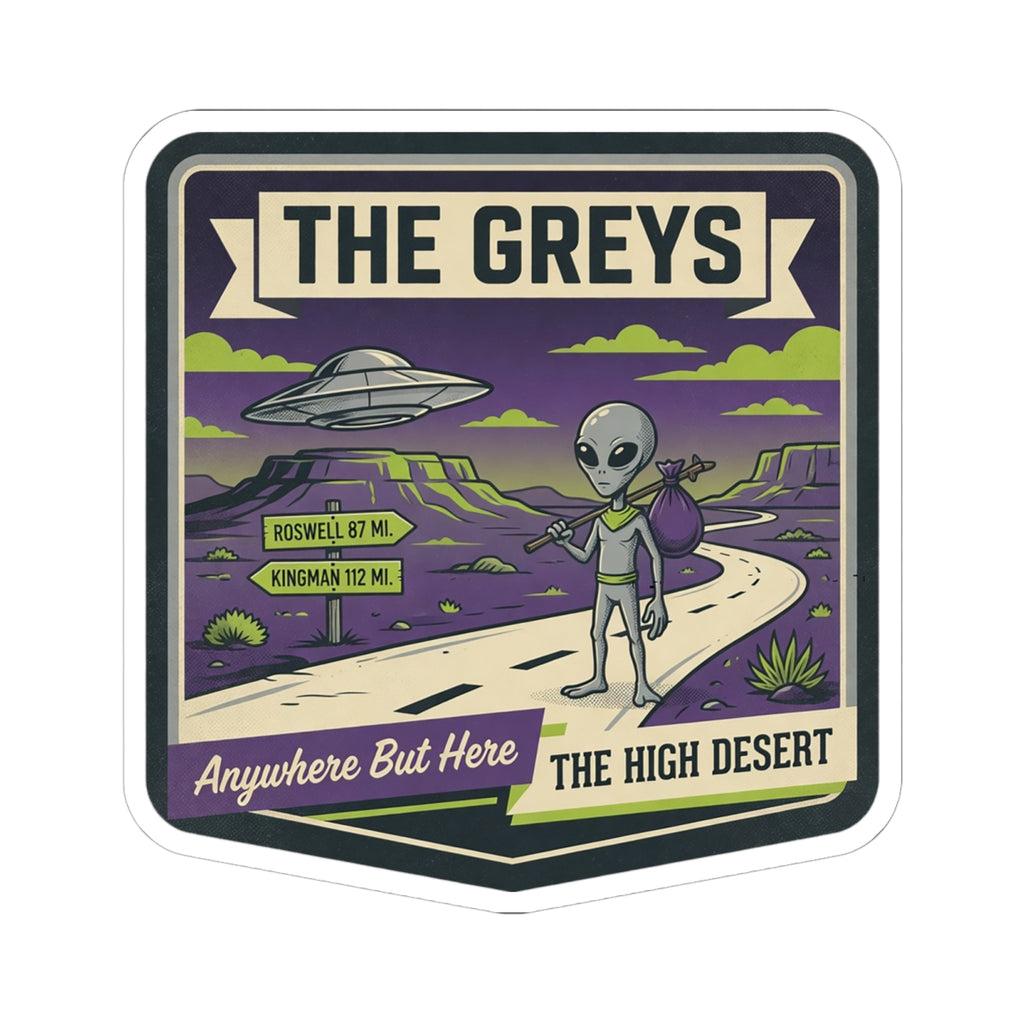 Close-up of die-cut alien roadtrip sticker with UFO, desert path, and purple sky.