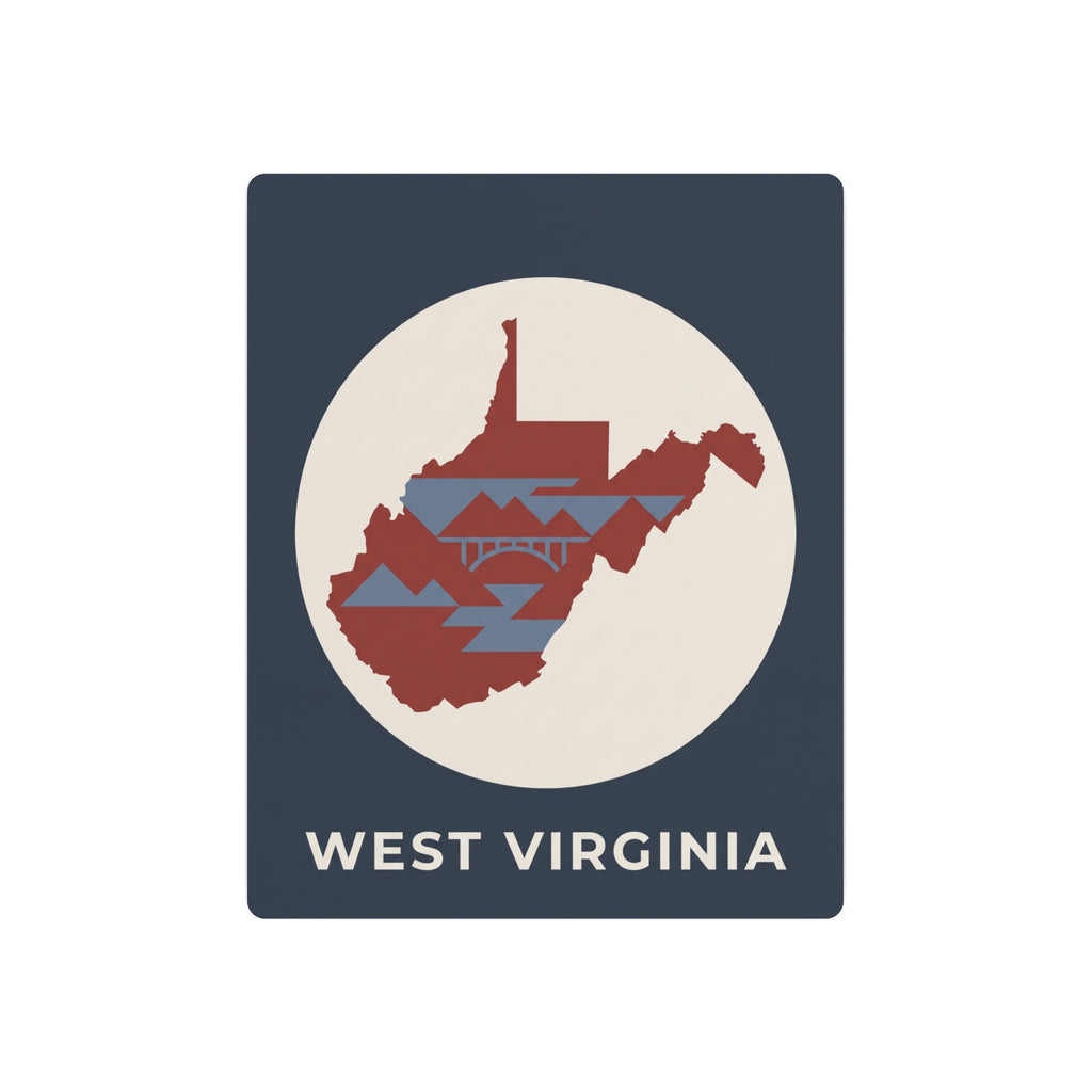 West Virginia metal map art sign, dark blue with circular WV graphic and 'WEST VIRGINIA' text.
