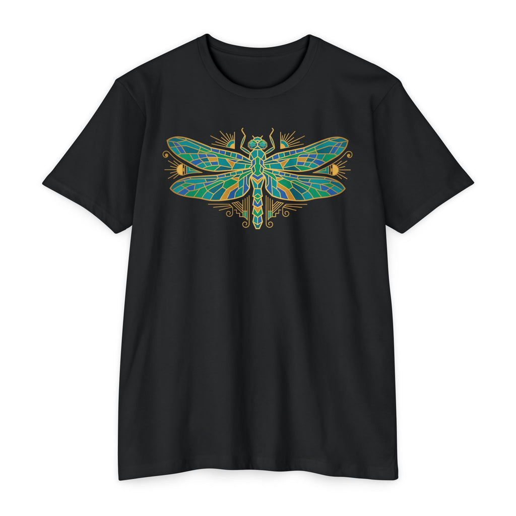 Black t-shirt with colorful dragonfly mosaic graphic on the chest