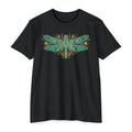 Black t-shirt with colorful dragonfly mosaic graphic on the chest