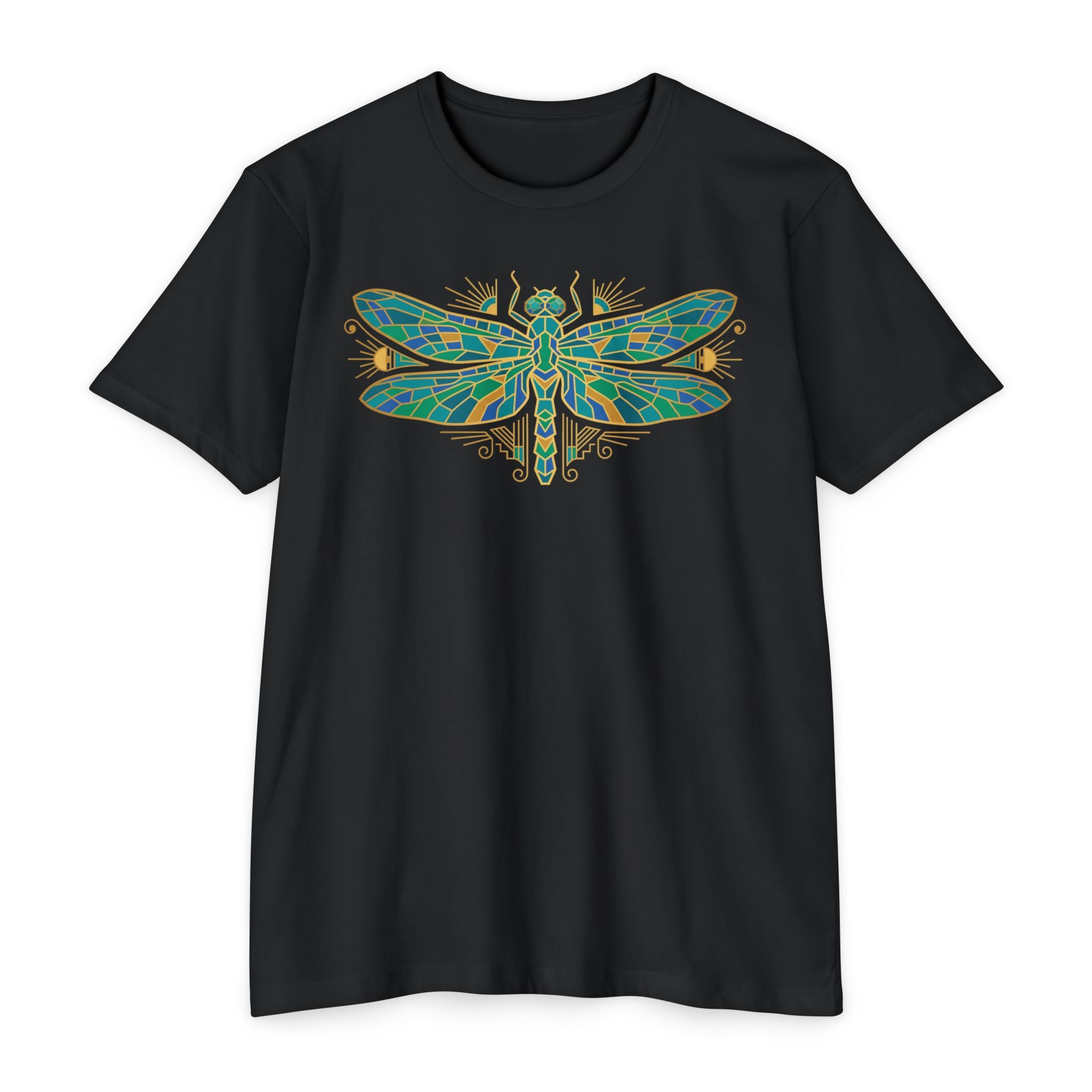 Black t-shirt with colorful dragonfly mosaic graphic on the chest