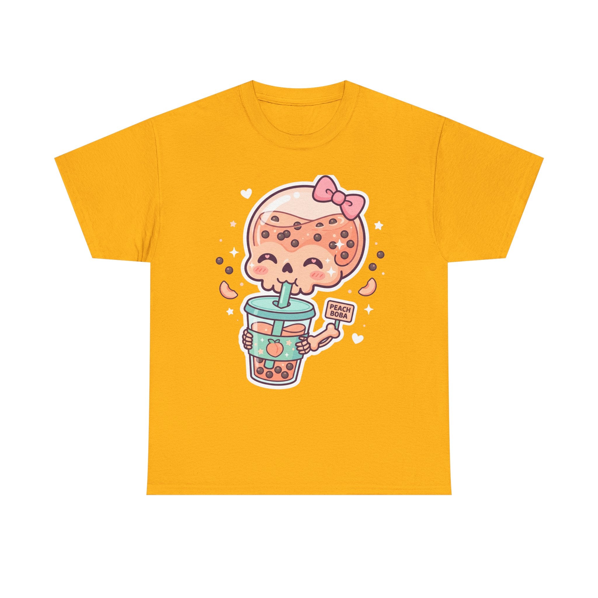 Orange T-shirt with kawaii boba tea skull graphic holding a cup