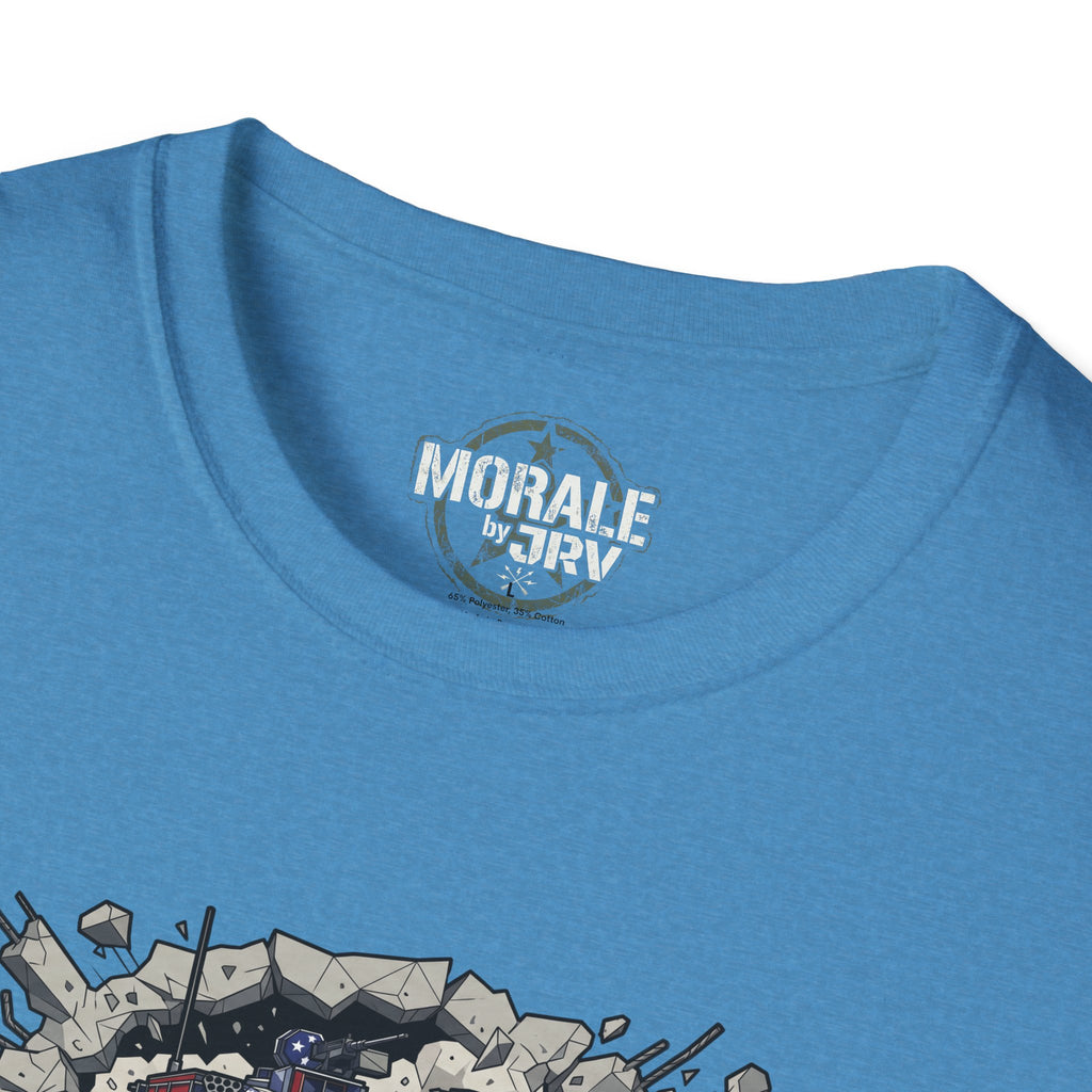 Light blue tank tee close-up: “MORALE by TRV” neck logo