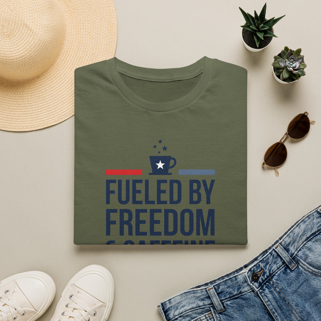 Dark green unisex crew-neck T-shirt with front graphic reading “Fueled by Freedom”