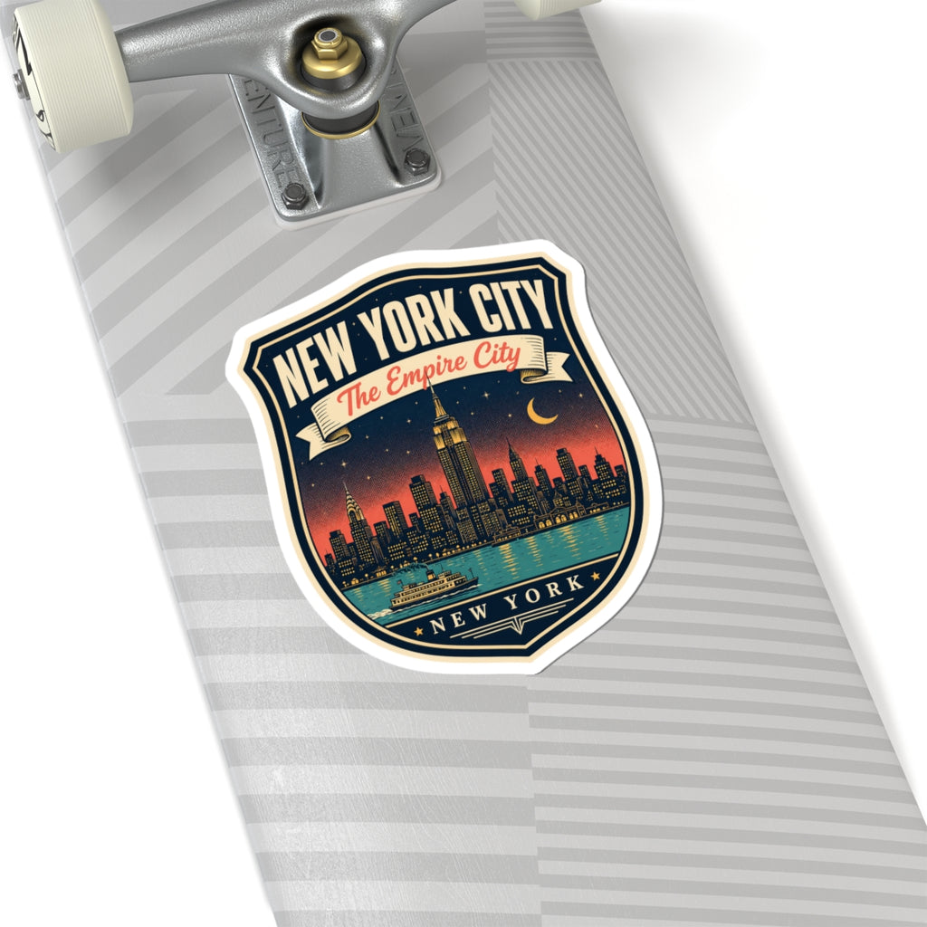 Die-cut luggage tag sticker with New York City “The Empire City” skyline at dusk