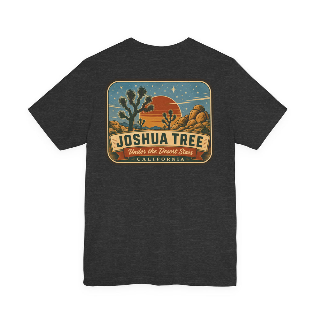 Dark grey crew-neck T-shirt with large Joshua Tree desert landscape graphic