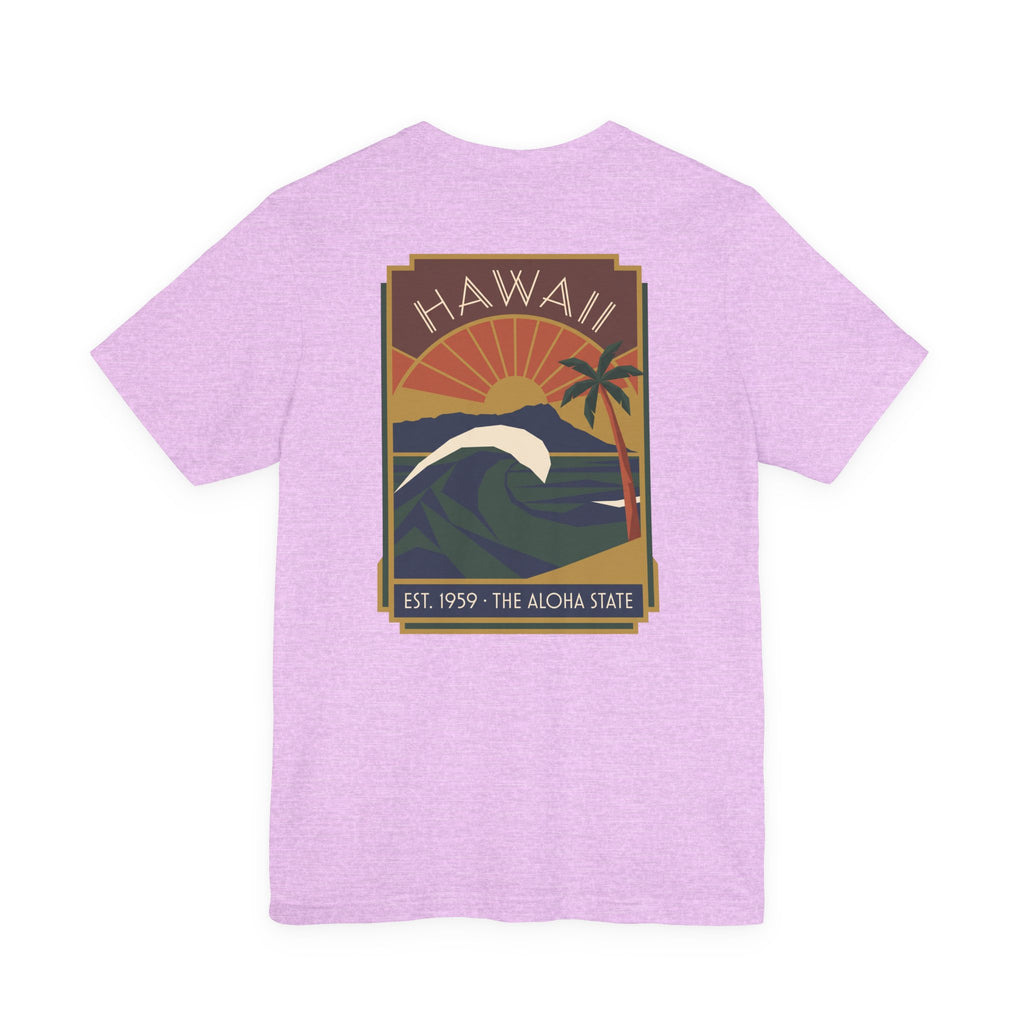 Heather lavender T-shirt with vintage Hawaii sunset and wave graphic print