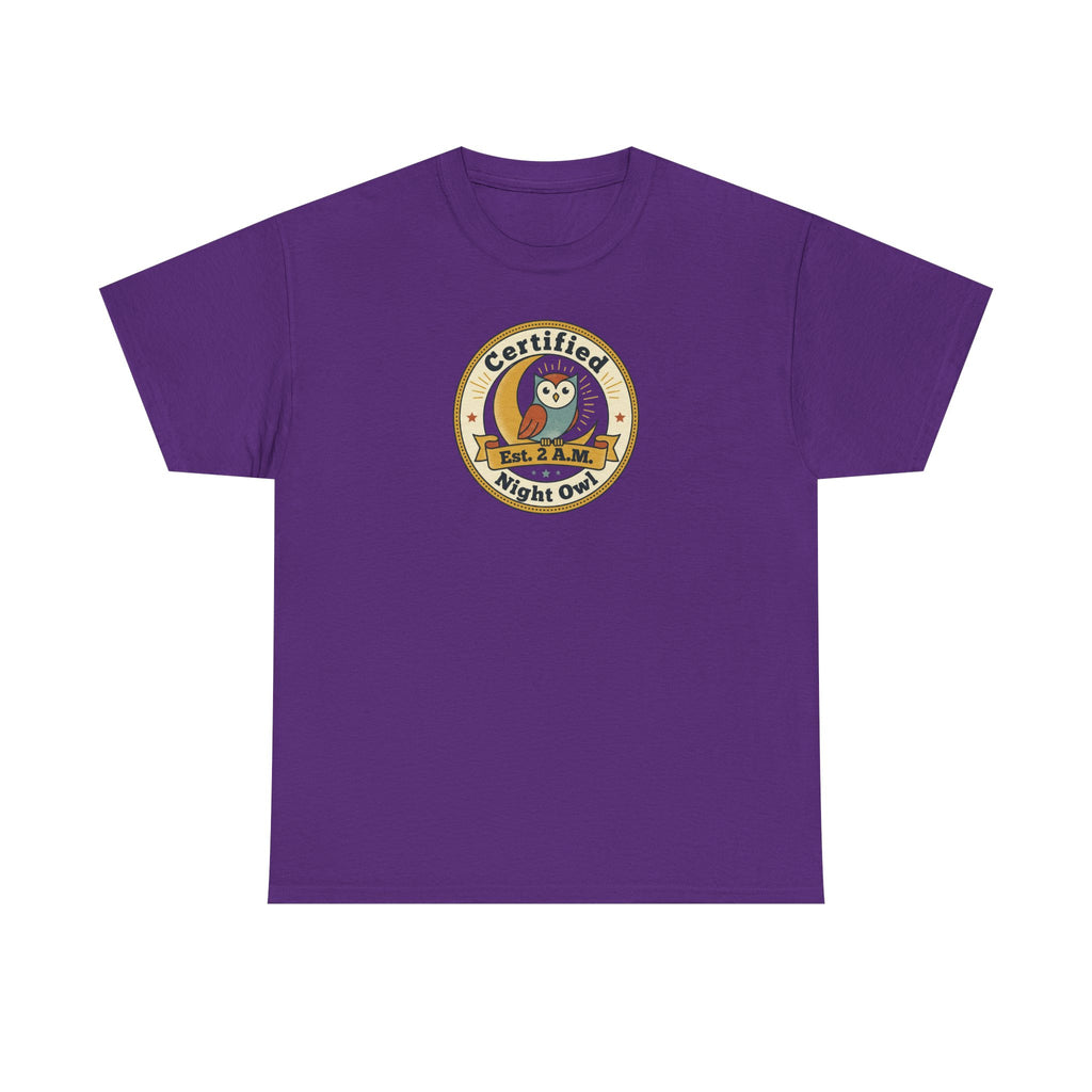 Purple crewneck T-shirt with round owl badge graphic on the chest