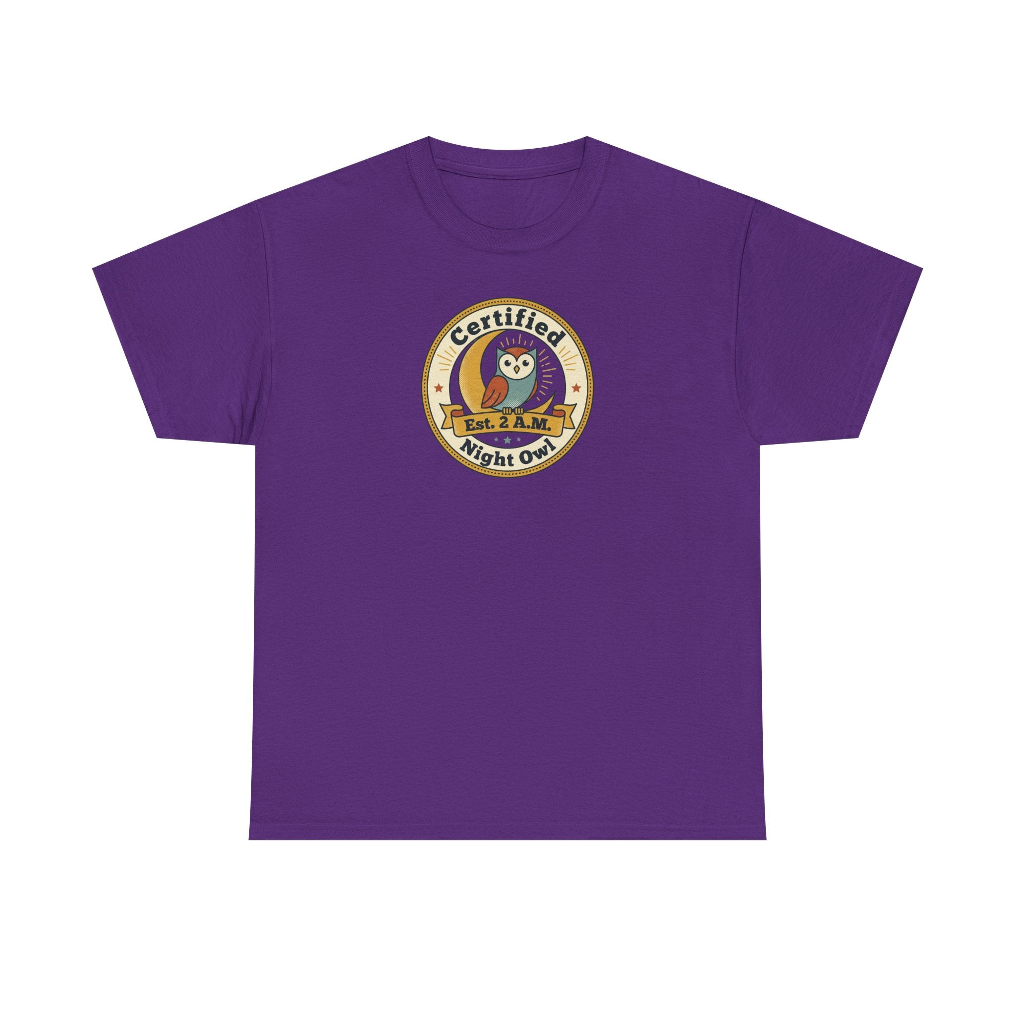 Purple crewneck T-shirt with round owl badge graphic on the chest