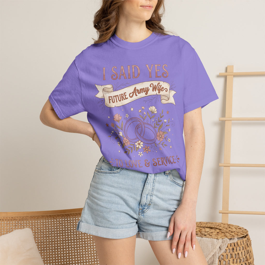 Lavender crewneck T-shirt on model with 'I SAID YES' and floral 'Future Army Wife' print.