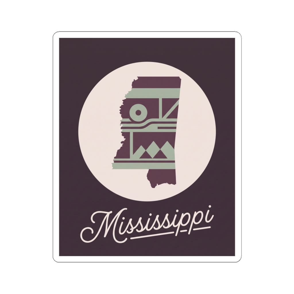 Mississippi state silhouette sticker decal with round emblem and cursive “Mississippi” lettering