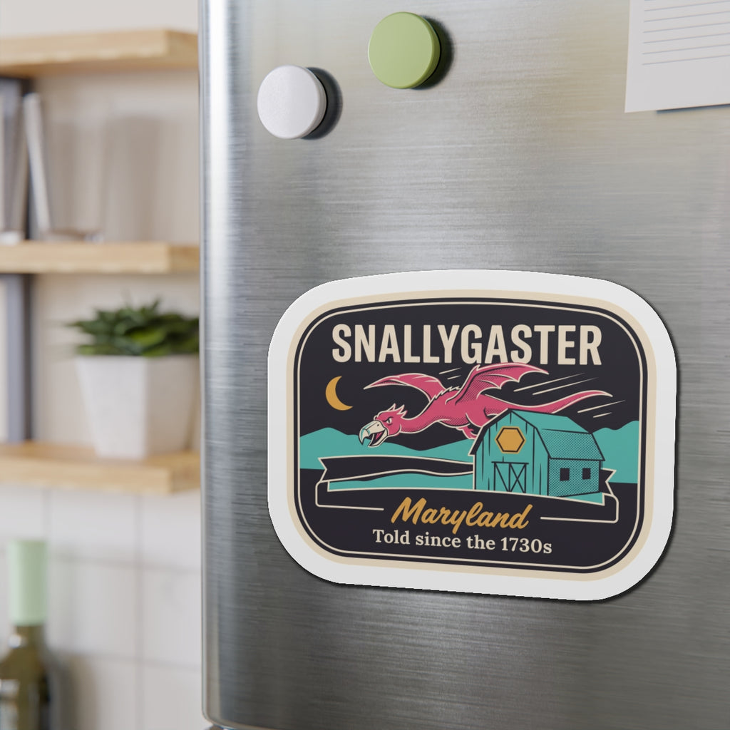 Rounded die-cut magnet featuring Snallygaster and a barn with “Told since the 1730s”