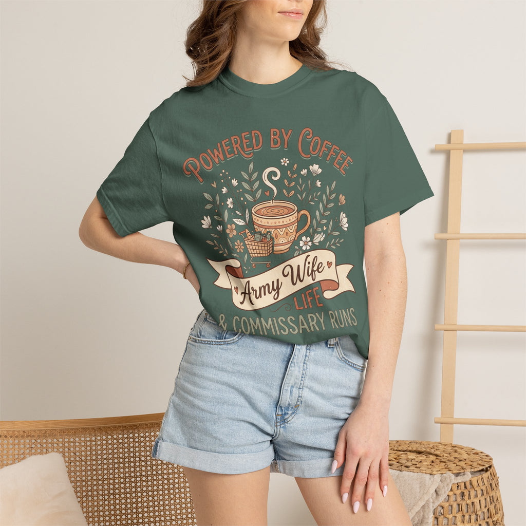 Dark green T-shirt on model with Powered by Coffee graphic and coffee cup bouquet