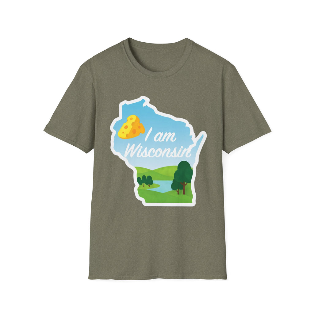 Olive green T-shirt with Wisconsin outline graphic, cheese & landscape, “I am Wisconsin”