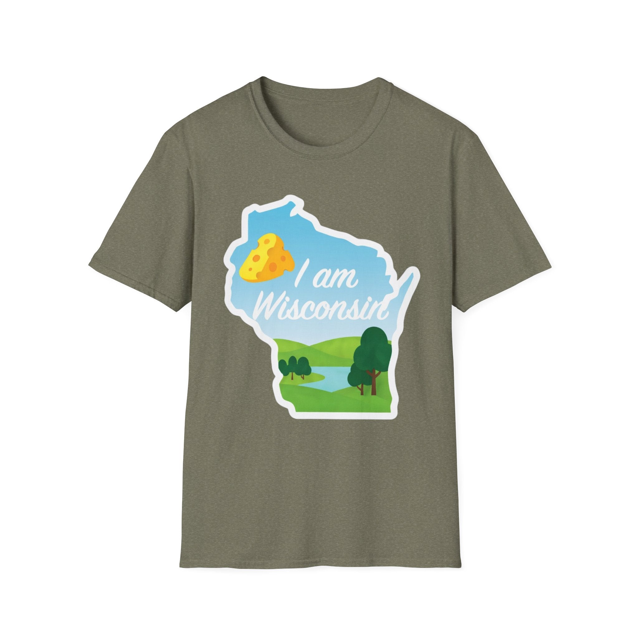 Olive green T-shirt with Wisconsin outline graphic, cheese & landscape, “I am Wisconsin”