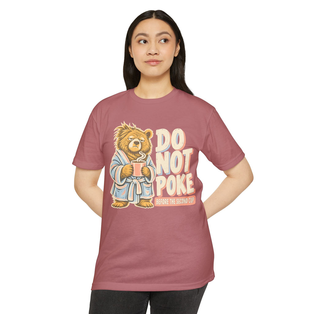 Mauve crew-neck T-shirt featuring grumpy bear coffee graphic and “DO NOT POKE”