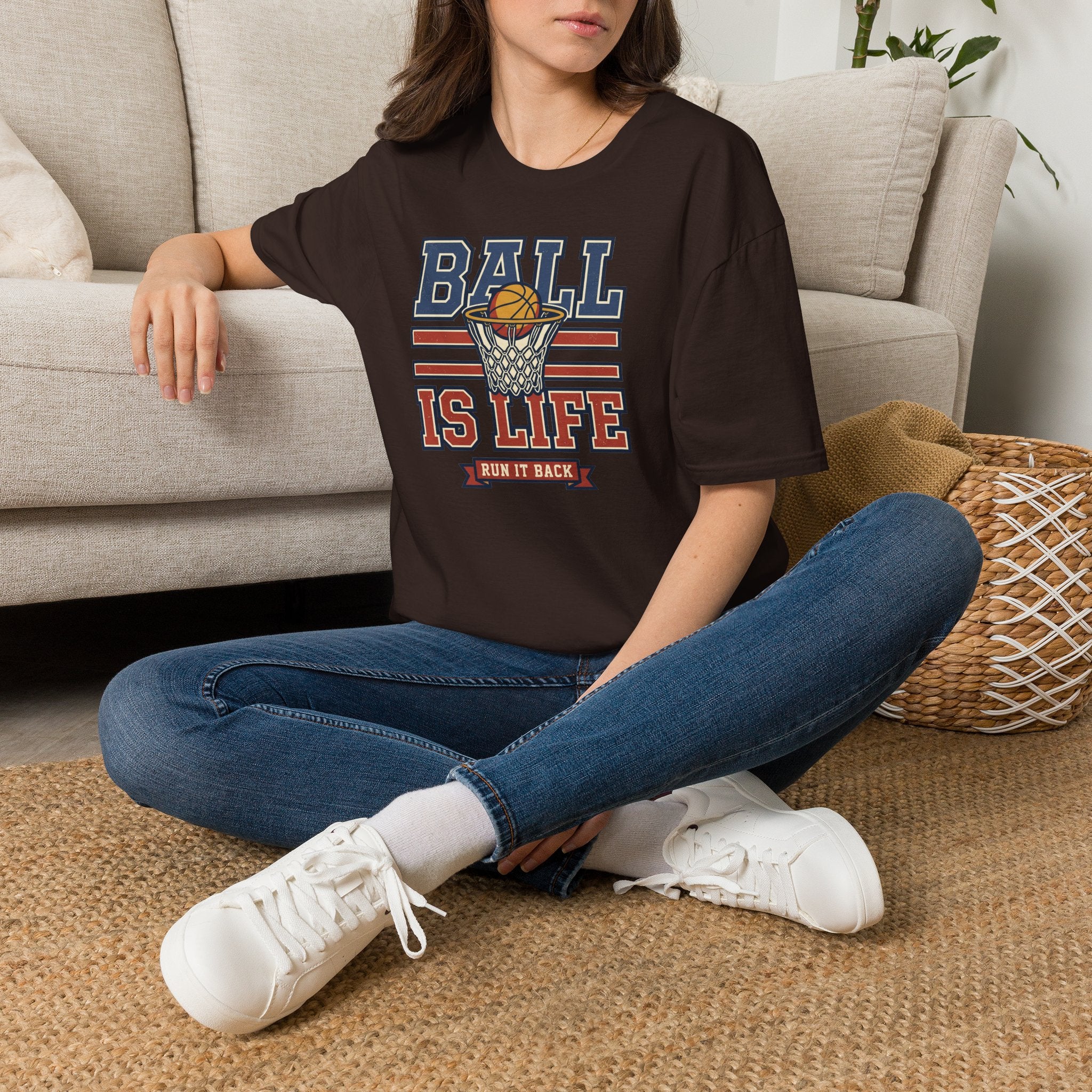 Dark chocolate basketball T-shirt with retro hoop graphic front print
