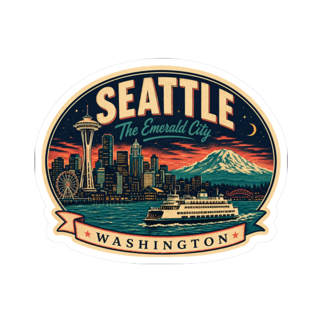 Seattle luggage tag sticker featuring Seattle city scene with ship, Space Needle, and Mount Rainier