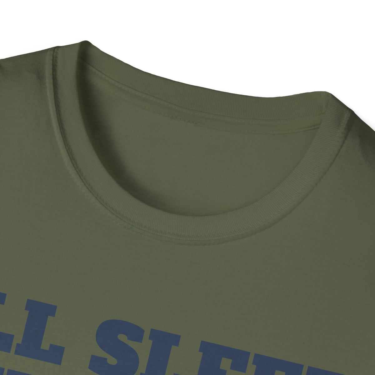 Military green crewneck T-shirt close-up of collar and neckline seam