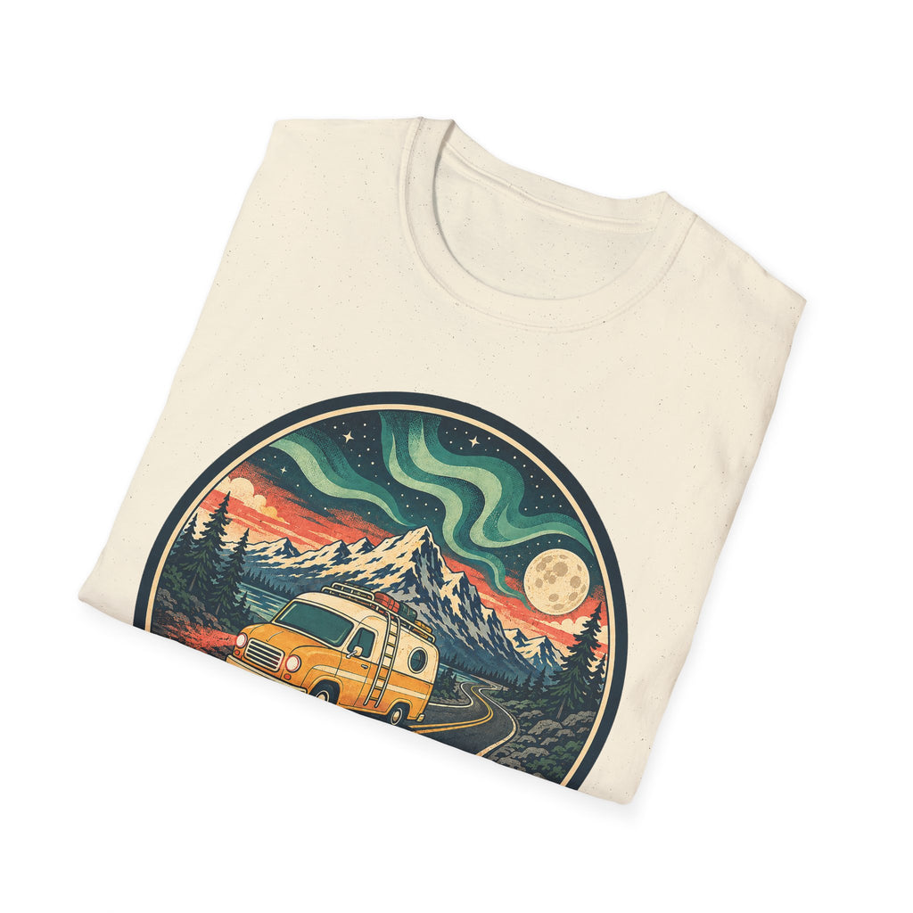 Cream unisex T-shirt with circular camper, mountains, moon and aurora graphic