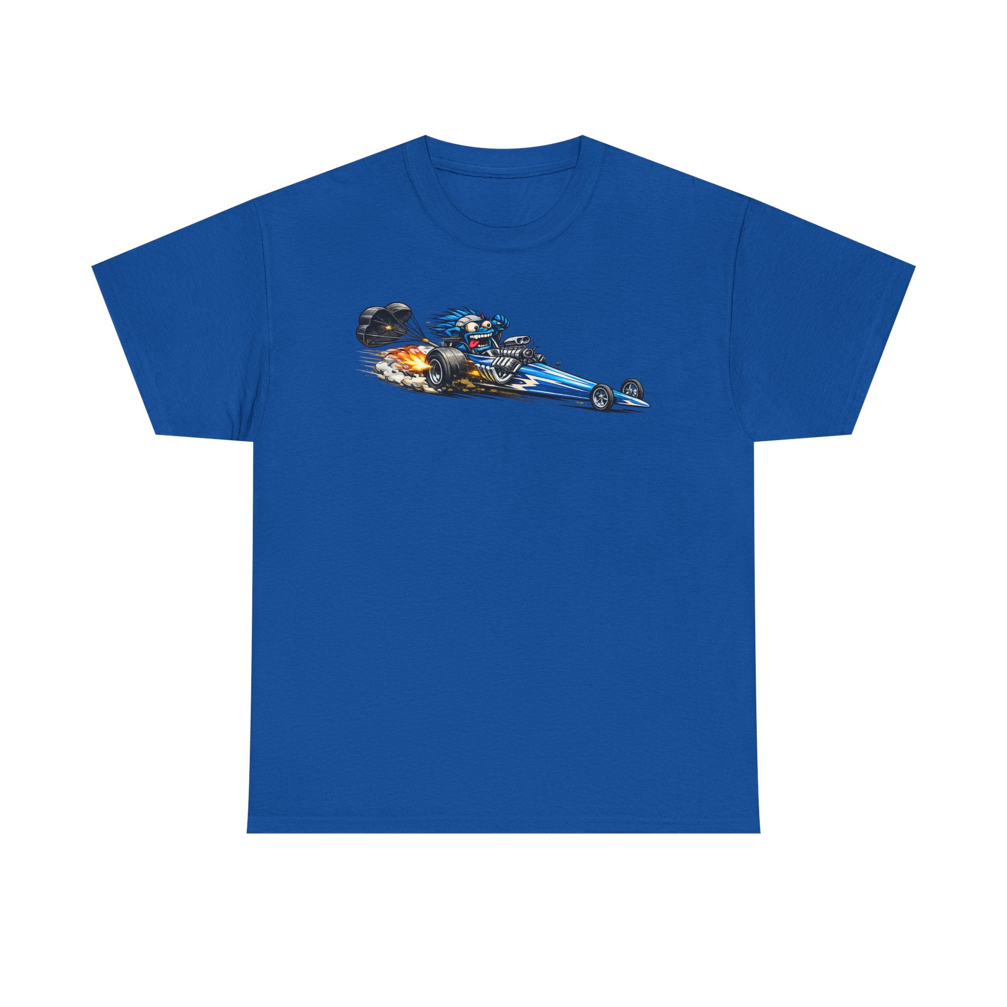 Royal blue graphic tee with flaming dragster hot rod car front print